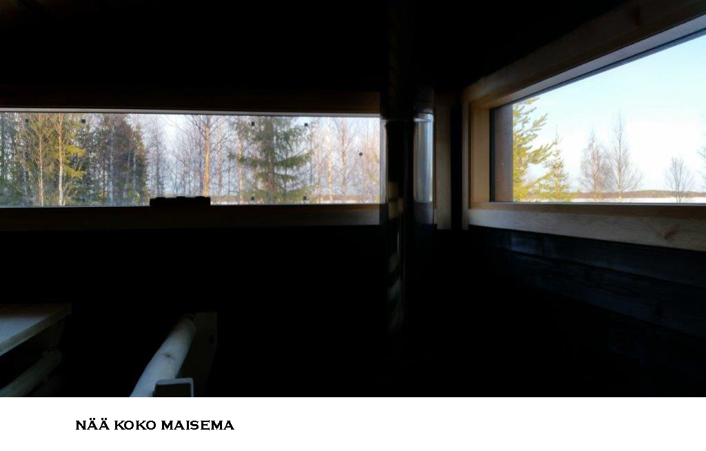 Sauna sisältä — panoraamaikkuna talvimaisemaan